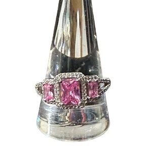 Signed S 925 3 Pink Tourmaline Square CZ Halos Split Shank Cocktail Ring Size 12